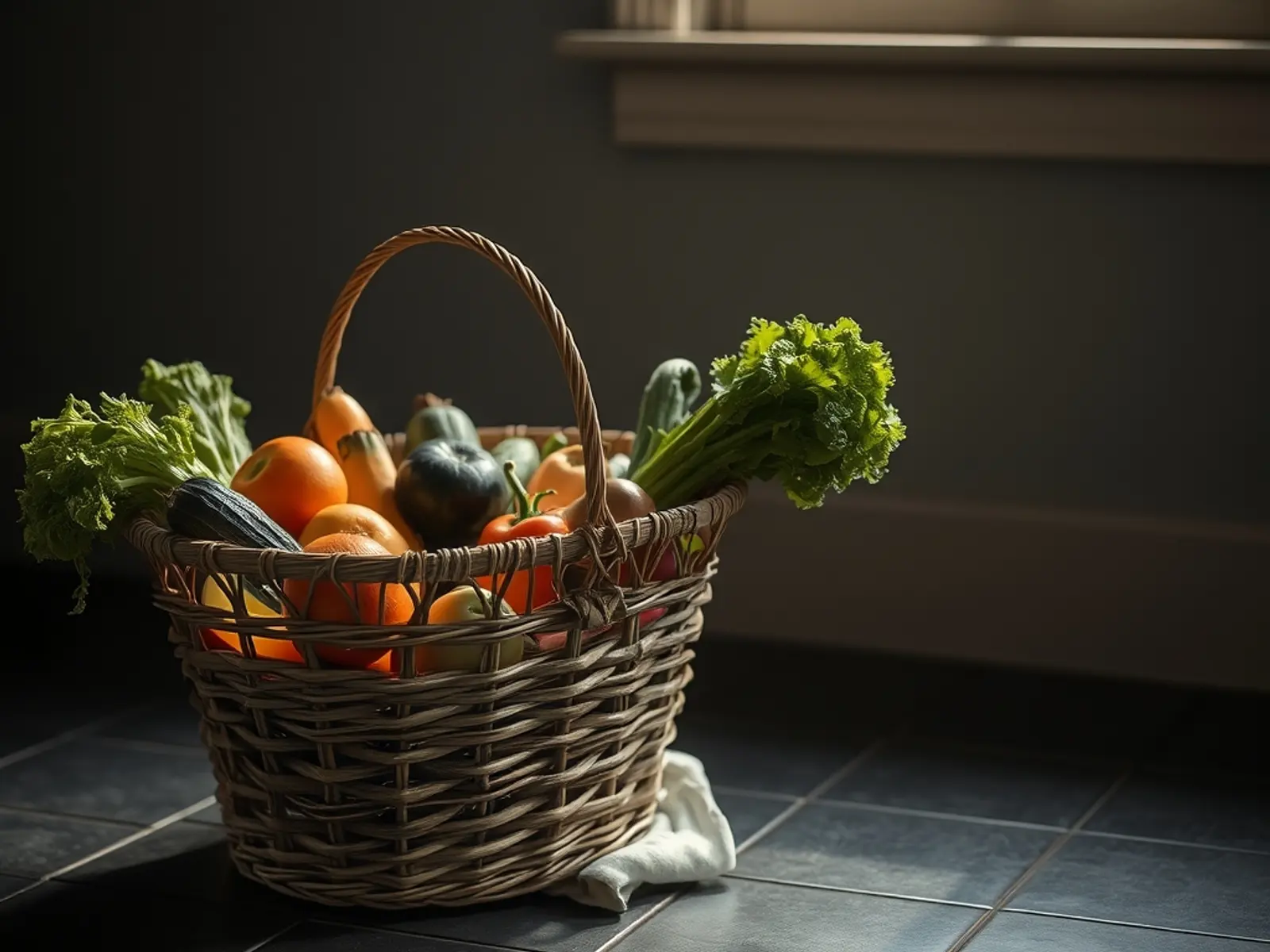 Una cesta de mimbre con verduras frescas sobre un suelo claro