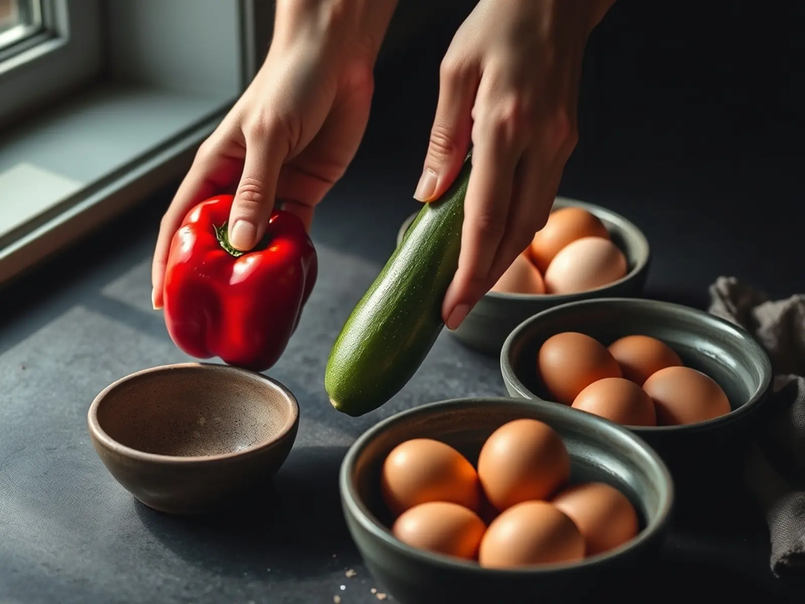 Dos manos dejando un cuenco de verduras sobre una encimera de madera