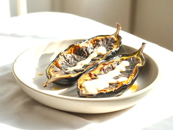 Mitades de berenjena asada con salsa de tahini en una fuente de cerámica