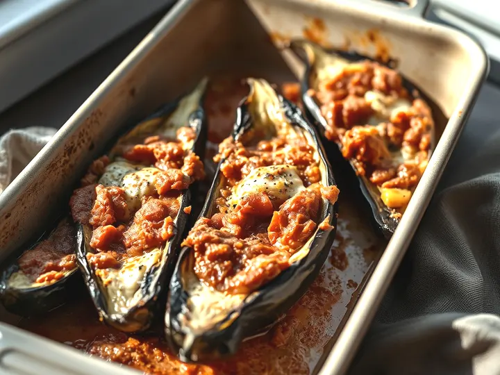 Berenjenas abiertas y gratinadas con tomate y queso fundido