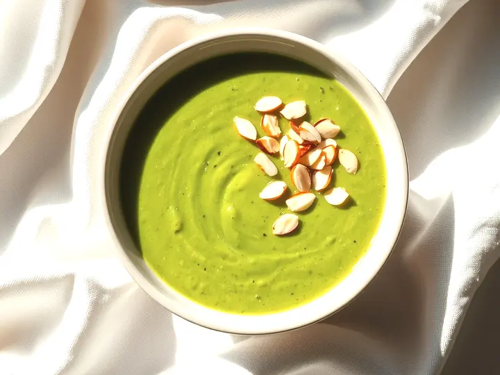 Cuenco de crema verde de brócoli con almendras laminadas por encima