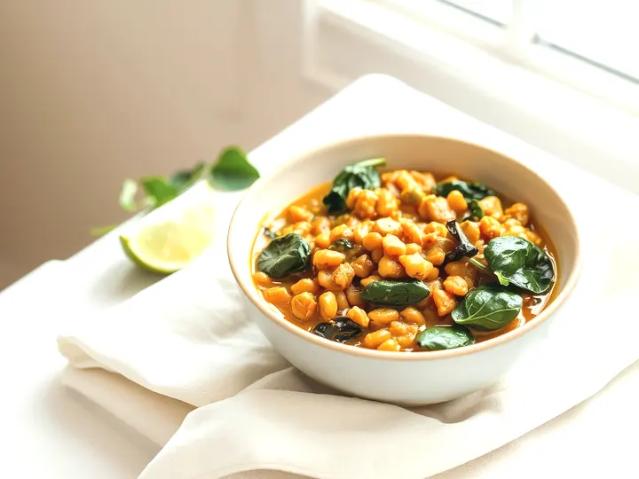 Cuenco de curry de lentejas con espinacas y una cuña de lima al lado
