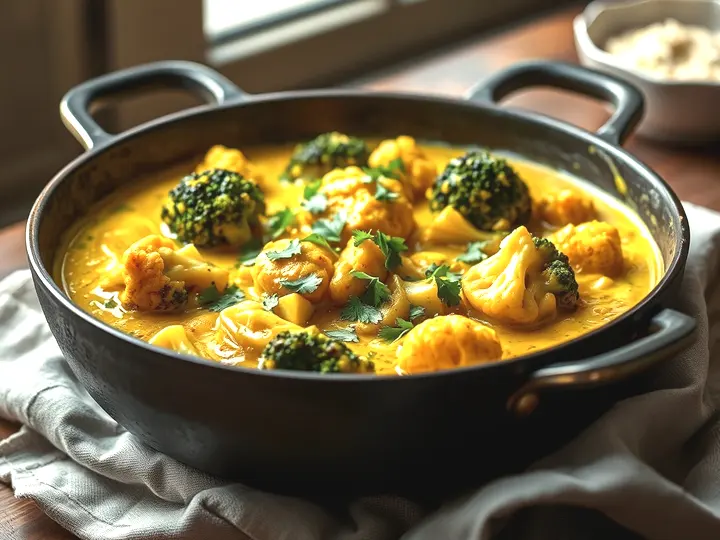 Cazuela de curry amarillo con brócoli y coliflor, cilantro por encima
