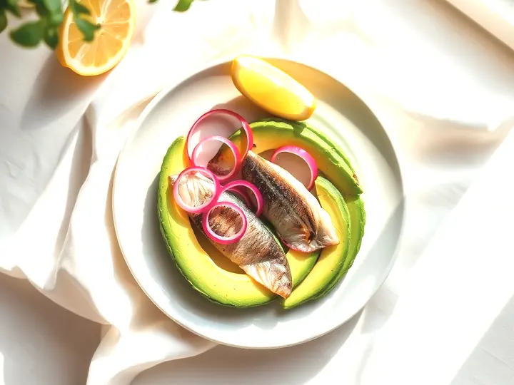 Aguacate laminado con sardinas y aros de cebolla roja, vistos desde arriba