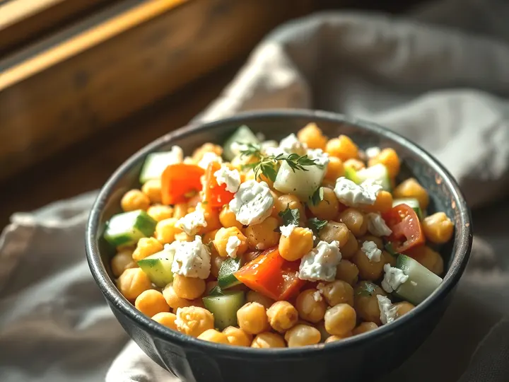 Bol de ensalada de garbanzos con pepino, feta desmenuzado y hierbas