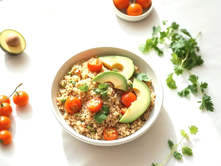 Ensalada de quinoa con aguacate laminado y tomates cherry, vista desde arriba