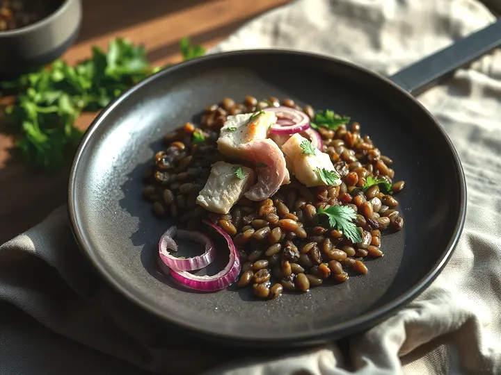 Plato de lentejas templadas con atún desmigado, cebolla roja y perejil