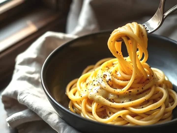 Espaguetis enrollados con crema de queso y pimienta negra molida
