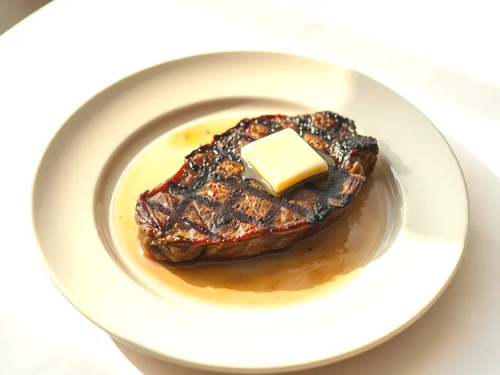 Filete de ternera reposando en un plato templado con mantequilla fundiéndose