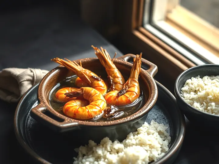 Cazuela de barro con gambas al ajillo, guindilla y aceite burbujeante