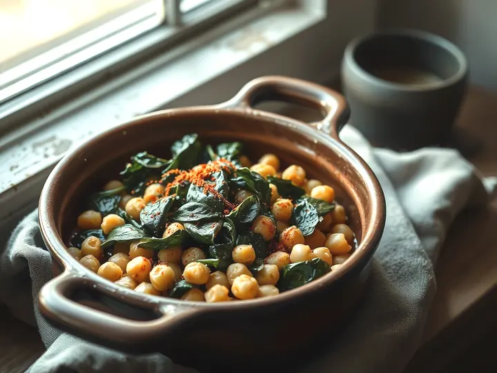 Cazuela de garbanzos con espinacas y un espolvoreado de pimentón