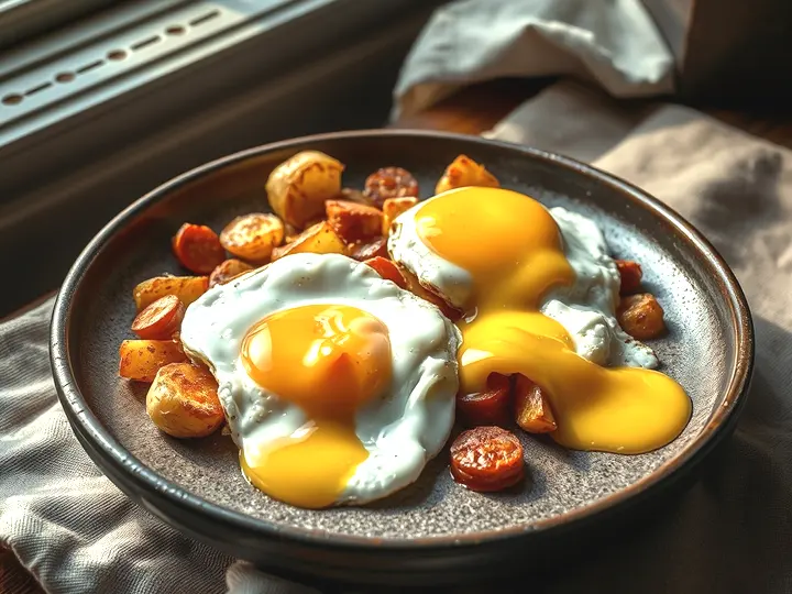 Plato de patatas fritas con chorizo y dos huevos de yema líquida