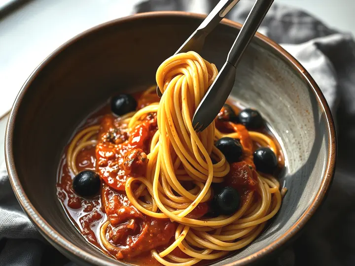 Espaguetis con salsa de tomate oscura y aceitunas negras en un plato hondo