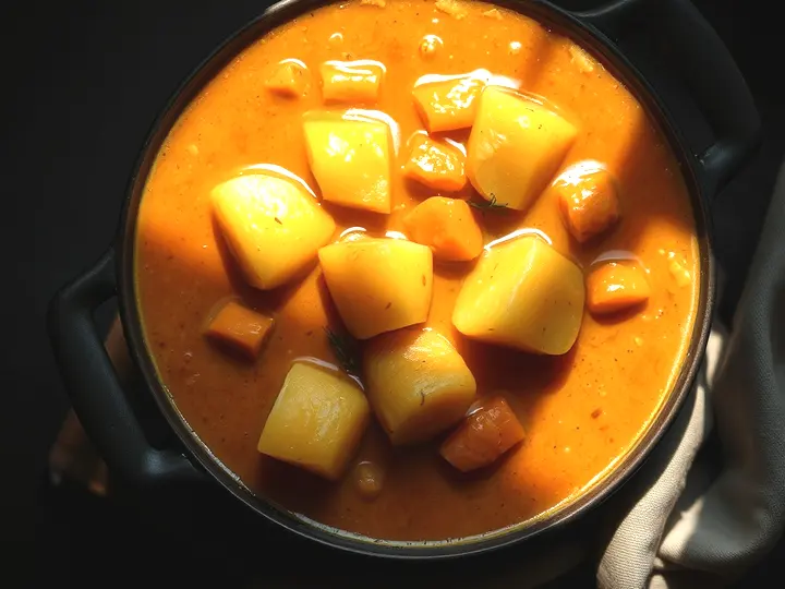 Cazuela de patatas guisadas con zanahoria y caldo espeso anaranjado