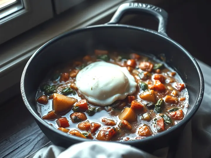 Sartén de pisto de verduras con un huevo escalfado encima