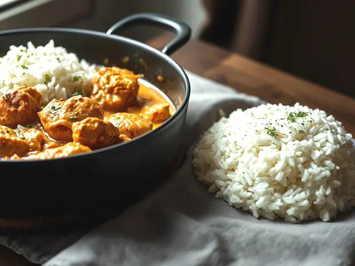 Sartén de pollo al curry con salsa cremosa y arroz al lado