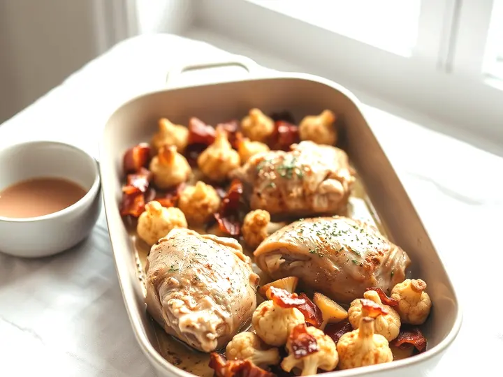 Muslos de pollo asados con coliflor dorada y bacon en una bandeja