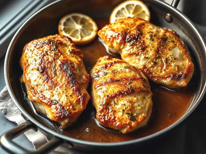 Filetes de pollo dorados en sartén con rodajas de limón y salsa brillante