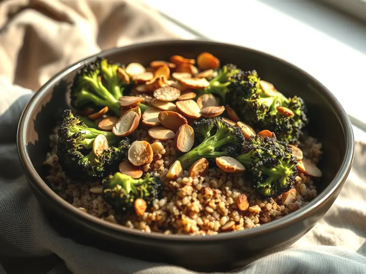Bol de quinoa con floretes de brócoli asado y almendras laminadas