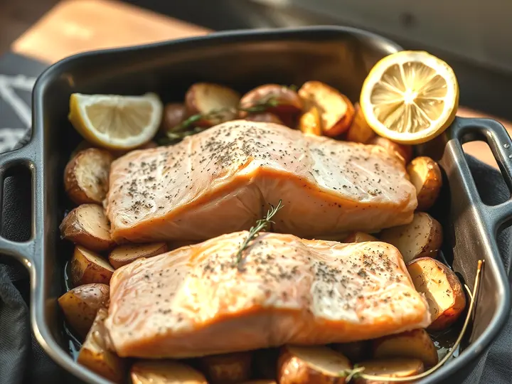 Bandeja de horno con lomos de salmón sobre patatas panadera y limón