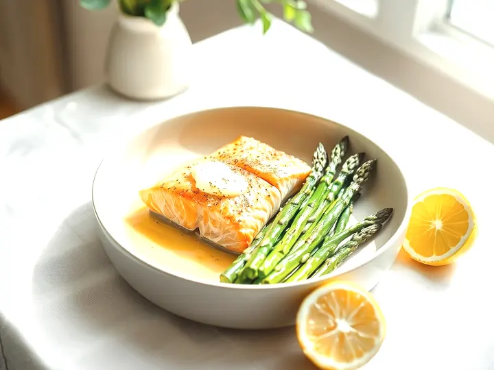 Lomo de salmón con la piel crujiente junto a espárragos verdes y media limón