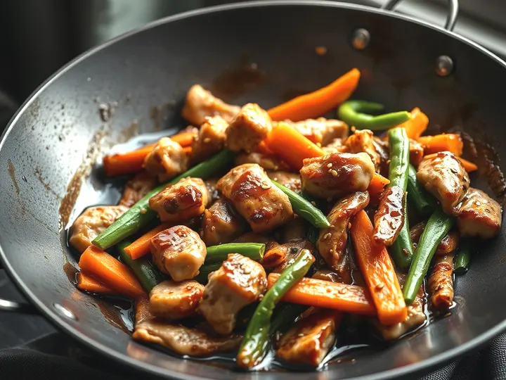 Wok con tiras de pollo, zanahoria y judías verdes brillantes de salsa
