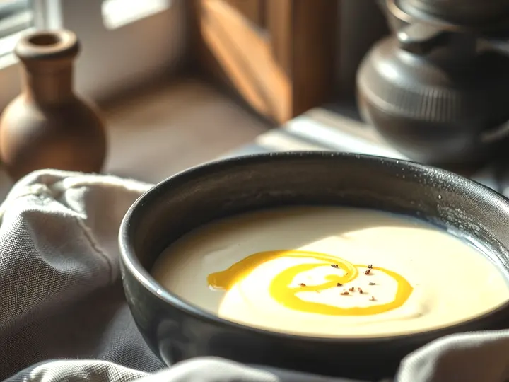 Plato hondo de sopa cremosa de puerro con pimienta y aceite
