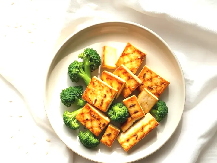 Láminas de tofu doradas junto a ramilletes de brócoli en un plato claro