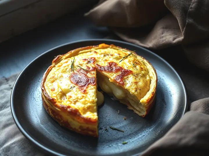 Tortilla de patata cortada por la mitad mostrando el interior jugoso