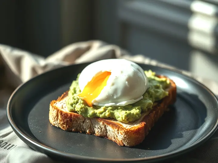 Rebanada de pan tostado con aguacate machacado y huevo poché encima
